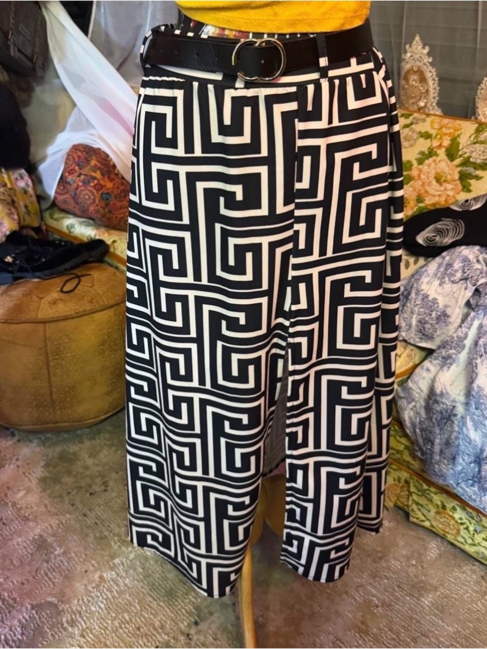 Vintage Black & White Geometric Maxi Skirt With Slit & Belt 🖤